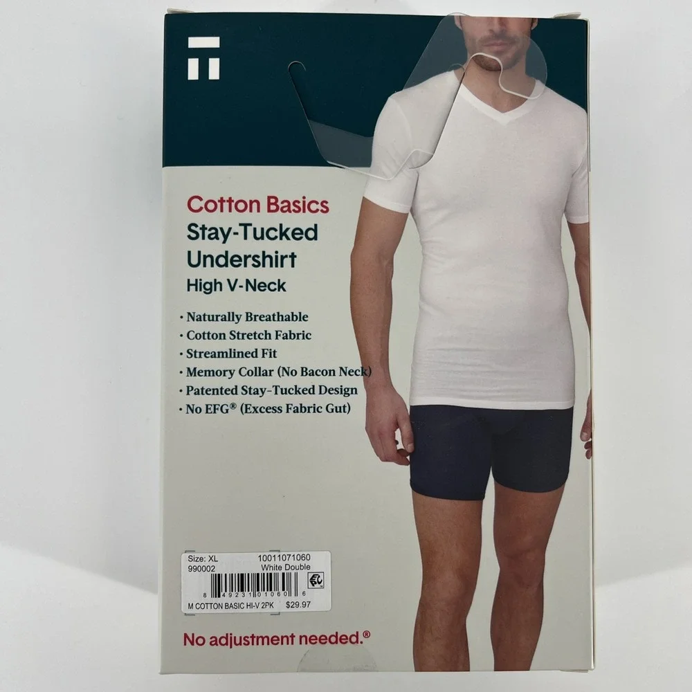 Tommy John Cotton Undershirt Men's XL High V Neck Stay-Tucked White 2-PACK